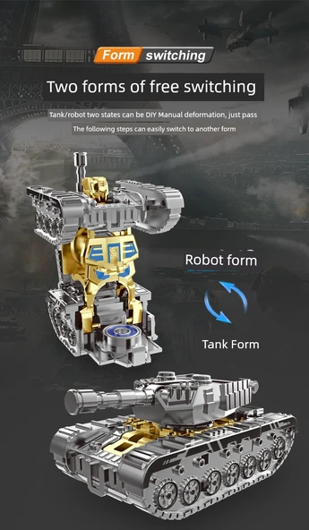 Dönüşebilen Tank Gyro Mech Araba Robot Oyuncak - Altın + Gümüş - 9