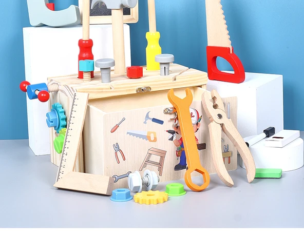 Ahşap Oyuncak Alet Kutusu Çocuk Seti - Çekmeceli Alet Sepeti + Aksesuar Ek Paket - 7