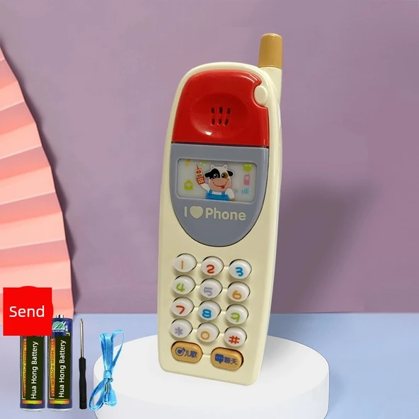 Retro Çocuk Eğitici Oyuncak Telefon - [Krem Beyazı] Askılı ve Pilli
