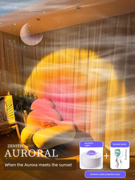 Kuzey Işıkları Müzik Kutusu - Gün Batımı Işıklı - Dinamik Aurora - 5 Müzik - 14 Işık Modu - Fişli - Beyaz - Uzaktan Kumandalı
