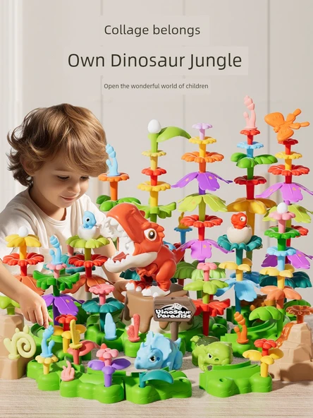 Dinozor Ormanı Çiçek Yapı Taşları Seti - Büyük Boy Saklama Kutulu - Masal Sesli ve Işıklı Ağaç Ev (112 Parça) - Pilli - 5