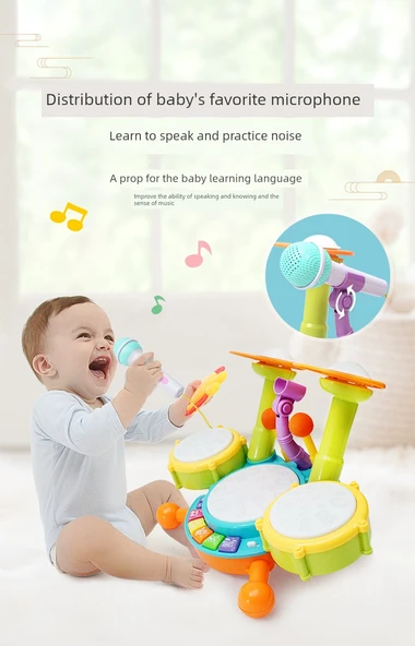 Çocuk Jazz Davul Seti - Elektrikli Işıklı El Davulu - Sarı - 9