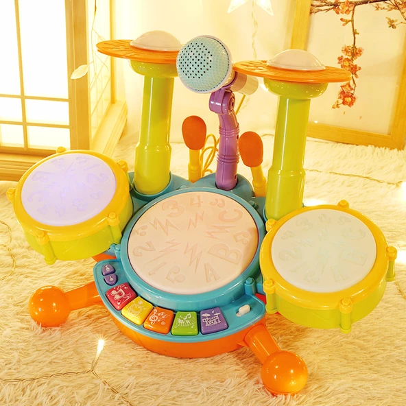 Çocuk Jazz Davul Seti - Elektrikli Işıklı El Davulu - Sarı