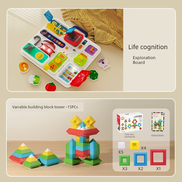 Montessori Oyuncak Çocuk Etkinlik Panosu - Yaşam Bilgisi + Blok Kule (15 Parça)