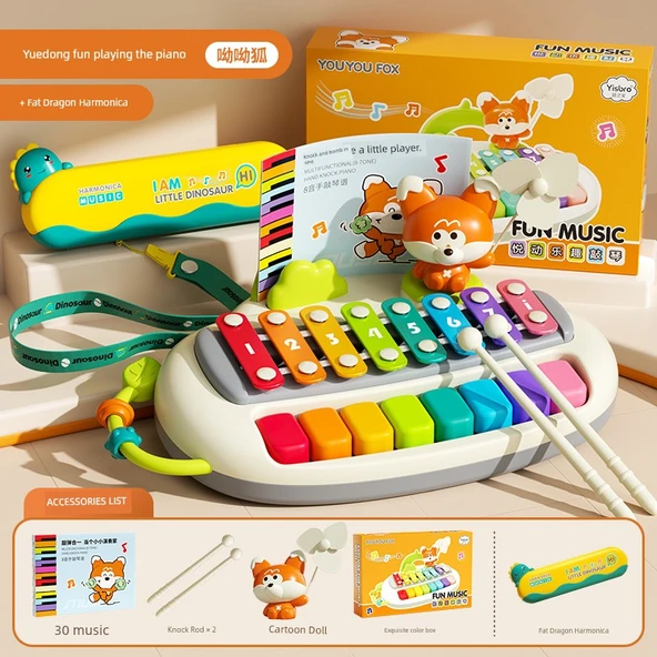 Mini Piyano Oyuncak - Yo yo Tilki Temalı - 16 Delikli Mızıka Hediyeli