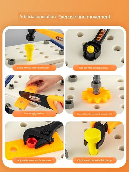 Çocuk Çok Fonksiyonlu Alet Kutusu Oyuncak Seti - Temel Set + Yükseltme Paketi + Elektrikli Matkap + Mühendis Şapkası - 3