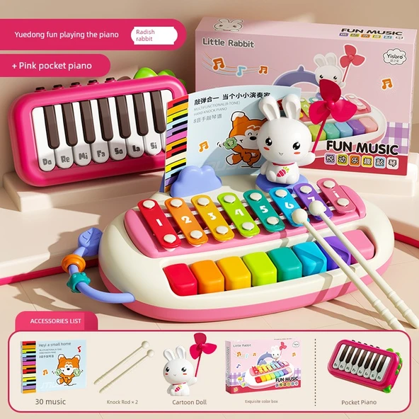 Mini Piyano Oyuncak - Havuç Tavşan Temalı - Işıklı Cep Piyano Hediyeli