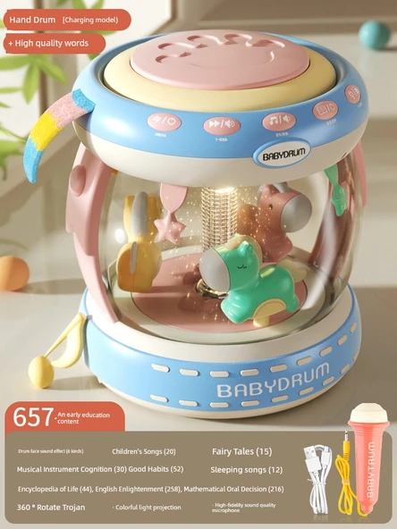 Bebek Müzik Davul Oyuncak - USB Şarjlı Mavi Pudra Mikrofonlu