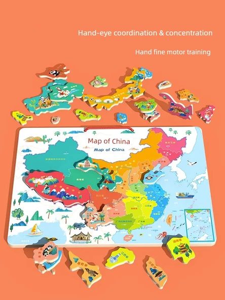 Manyetik Dünya Haritası Puzzle - [Amiral] Büyük Kalınlaştırılmış + Destek + Saklama Çantası + Soru Cevap Kartı - 6