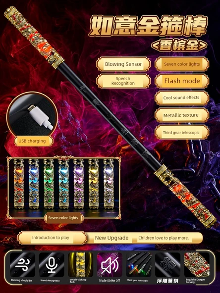 Rose Gold Sun Wukong Asalı Altın Halka - Tam Otomatik, Ses Kontrollü, Renkli Işıklı, Üfleme Sensörlü, Dahili Şarjlı