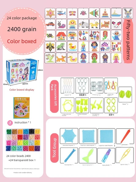 Çocuk Puzzle Boncuk Seti - 2400 Parça, Renkli Kutu ve Lüks Aksesuar Paketi