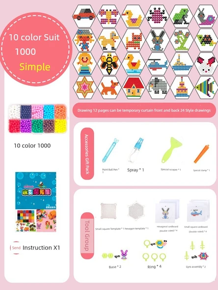 Çocuk Puzzle Boncuk Seti - 1000 Parça, 10 Kare ve Lüks Aksesuar Paketi