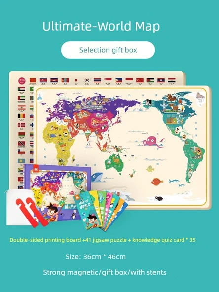 Manyetik Dünya Haritası Puzzle - [Amiral] Büyük Kalınlaştırılmış + Destek + Saklama Çantası + Soru Cevap Kartı