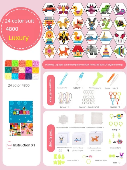 Çocuk Puzzle Boncuk Seti - 4800 Parça, 24 Kare ve Lüks Aksesuar Paketi