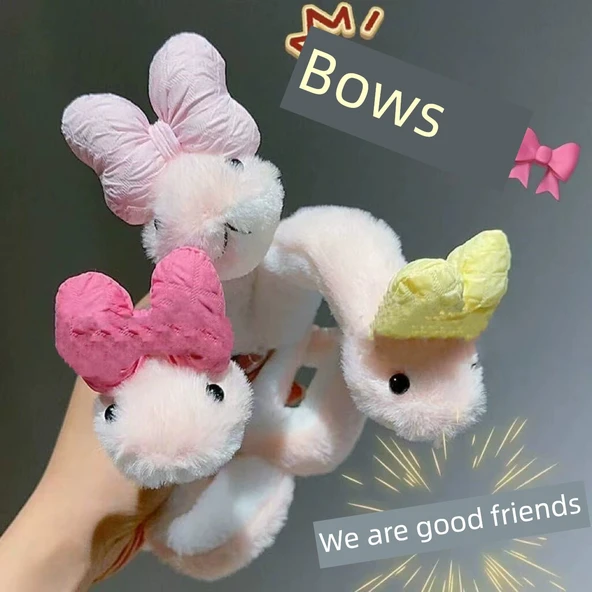 Peluş Yılan Oyuncak Bebek Kolye - Sarı Kurdeleli Küçük Pembe Yılan