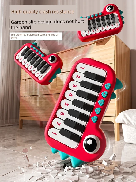 Çocuk Elektronik Mini Piyano - Şarj Edilebilir Mercan Kırmızısı Piyano, Notalı ve Standlı - 6