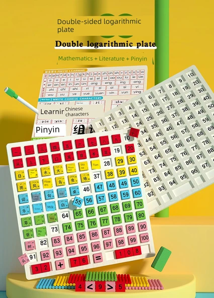 Ahşap Çocuk Eğitici Sayı ve Okuma Yazma Puzzle - Çift Taraflı Logaritmik Tahta + 100 Çubuk + Dijital Ayrışma Cetveli - 8
