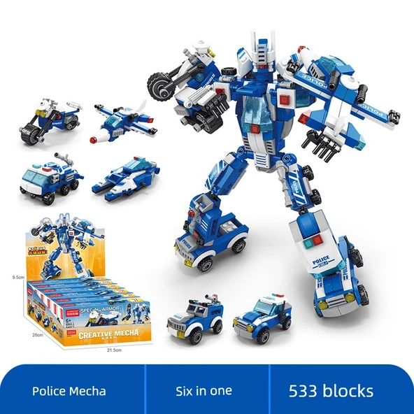 6'sı 1 Arada Polis Mecha Yapı Blokları Seti 533 Parça