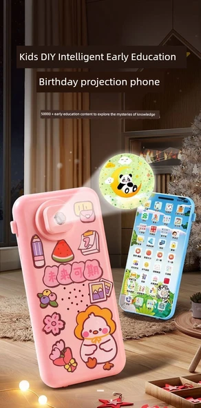 Şarjlı Dokunmatik Ekranlı Çocuk Oyuncak Telefon - 36 Fonksiyonlu - Projeksiyonlu - Gök Mavisi + 5 Sticker - 8