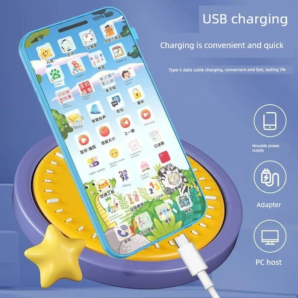 Şarjlı Dokunmatik Ekranlı Çocuk Oyuncak Telefon - 36 Fonksiyonlu - Projeksiyonlu - Gök Mavisi + 5 Sticker - 6
