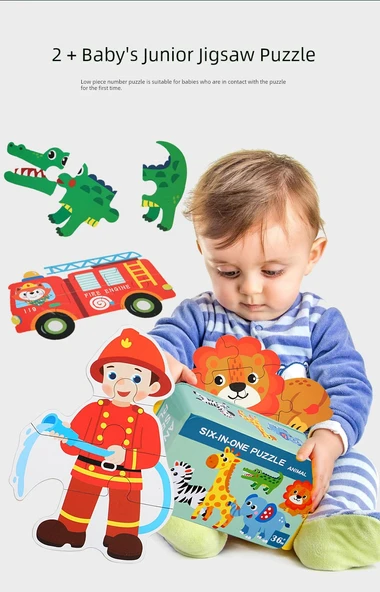 Ahşap Çocuk Puzzle - 6'sı 1 Arada - Açık Gri - Deniz Hayvanları - 10