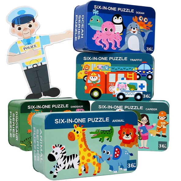 Ahşap Çocuk Puzzle - 6'sı 1 Arada - Açık Gri - Deniz Hayvanları - 6