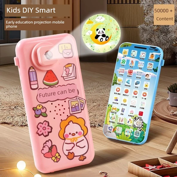 Şarjlı Dokunmatik Ekranlı Çocuk Oyuncak Telefon - 36 Fonksiyonlu - Projeksiyonlu - Gök Mavisi + 5 Sticker - 2