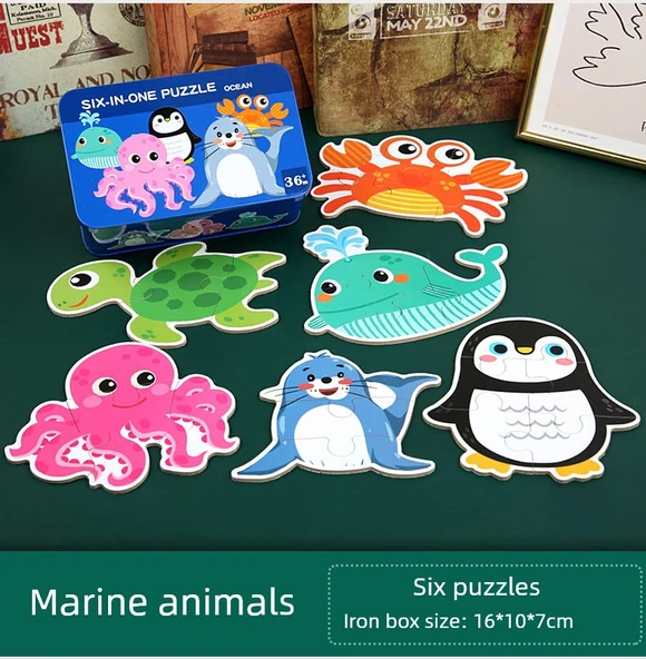 Ahşap Çocuk Puzzle - 6'sı 1 Arada - Açık Gri - Deniz Hayvanları