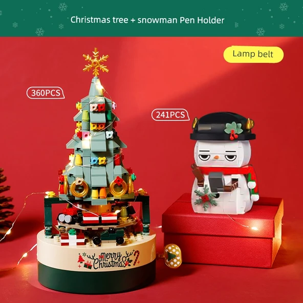 Noel Ağacı Yapı Taşları Müzik Kutusu Seti - Renkli Noel Ağacı + Kardan Adam Kalemlik