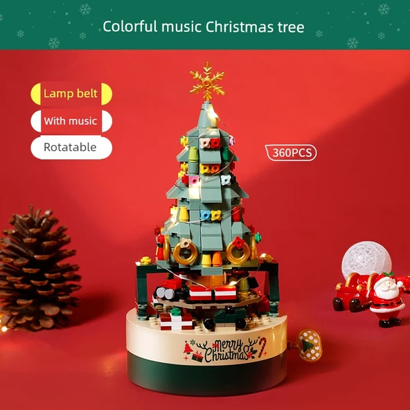 Noel Ağacı Yapı Taşları Müzik Kutusu Seti - Renkli Noel Ağacı [Dönen/Müzikli/Işıklı] Hediye Kutusu
