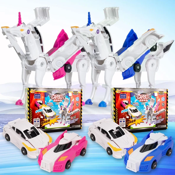 Manyetik Dönüşen Oyuncak Araba Robot - Deforme Unicorn Hediye Kutusu Pembe ve Mavi