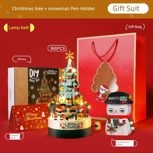 Noel Ağacı Yapı Taşları Müzik Kutusu Seti - Renkli Noel Ağacı + Kardan Adam Kalem [Hediye Seti]