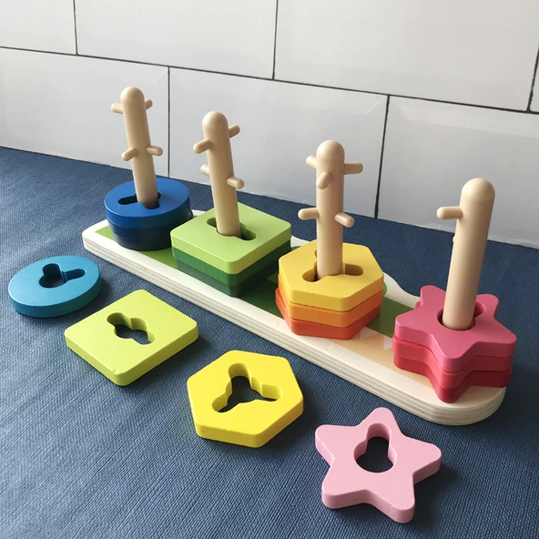 Montessori Geometrik Şekil Eşleştirme Oyunu - Timsah Figürlü Geçmeli Sütun