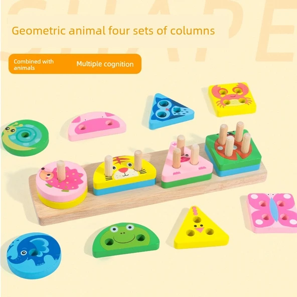 Montessori Geometrik Şekil Eşleştirme Oyunu - Hayvan Figürlü Geometrik Sütun
