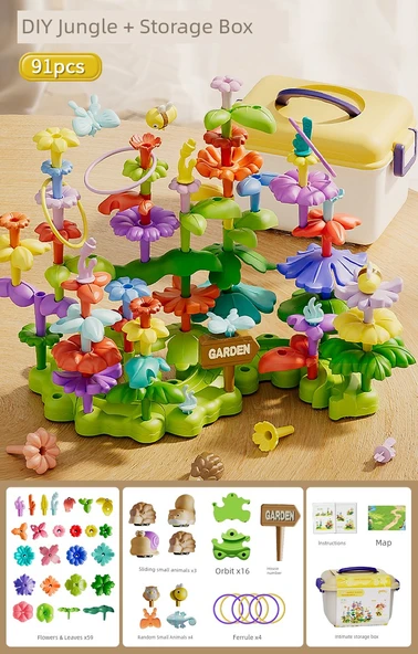 DIY Dinozor ve Çiçek Bahçesi Yapı Taşları Seti - Çift Çiçek (91 Parça)