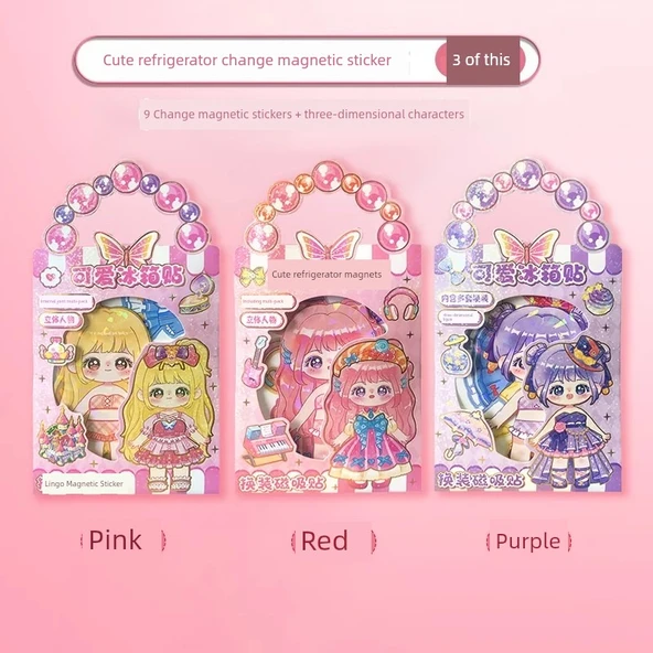 Prenses Giydirme Manyetik Sticker - Parlak Pembe + Açık Pembe + Mor, 3 Prenses + 27 Kıyafet