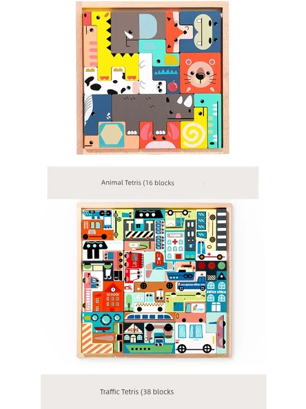 Ahşap Tetris Puzzle - Hayvan (16 Parça) ve Trafik (38 Parça) Temalı