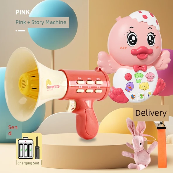 Çocuk Elektrikli Korna Oyuncak - Pembe Korna ve Hikaye Makinesi Şarjlı