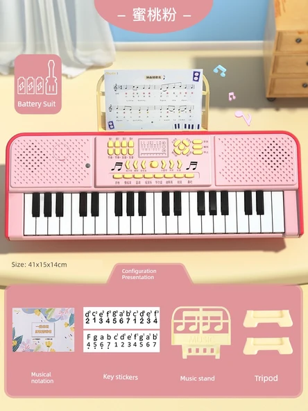 37 Tuşlu Çocuk Elektronik Klavye - Pembe, Bataryalı, Müzik Çerçeveli