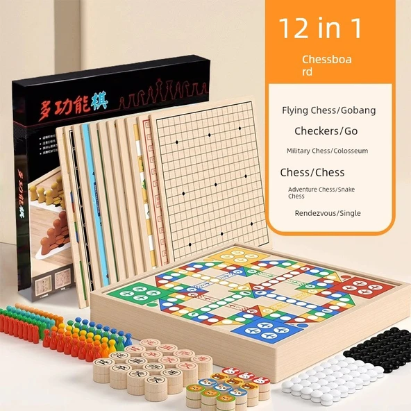 Çocuk Eğlence Sandığı - 12'si 1 Arada Satranç Seti - Ahşap Büyük Boy Satranç Tahtası