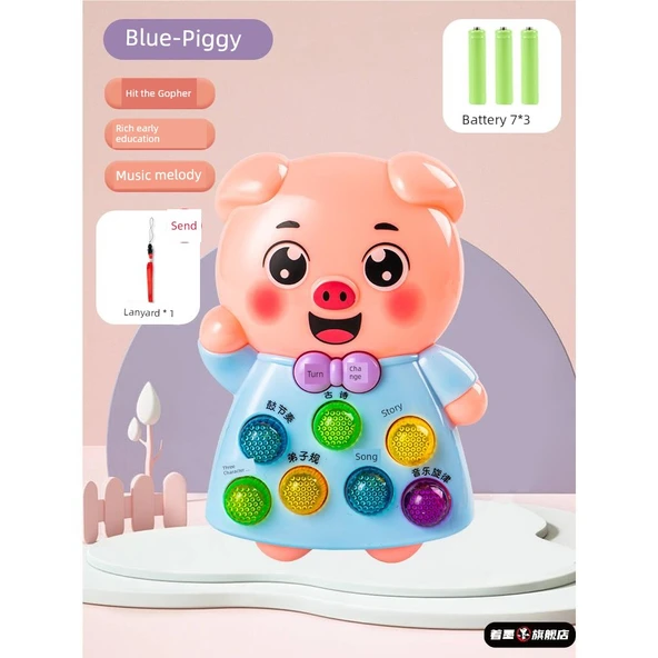 Çocuk Erken Eğitim Hikaye Makinesi - Mavi Palm Piggy - Pilli Model