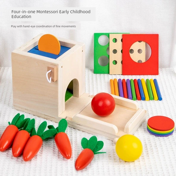 Montessori 4'ü 1 Arada Havuç Çekme Oyuncak - Şekil Eşleştirme Oyunu