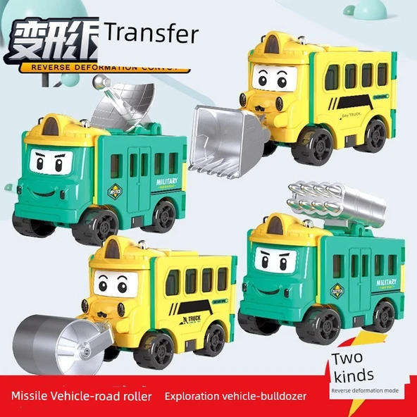 Dönüşebilen Alaşım Araba Oyuncak - Silindir/Füze Araba + Sondaj/Dozer (2'li Paket)