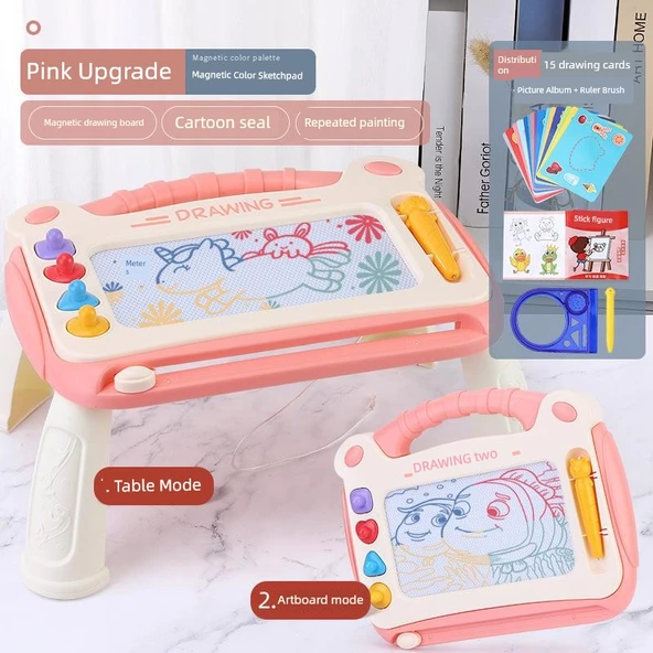 Çocuk Manyetik Çizim Tahtası - Küçük Boy Pembe Yazı Tahtası - Resim Albümlü ve Masa Ayaklı
