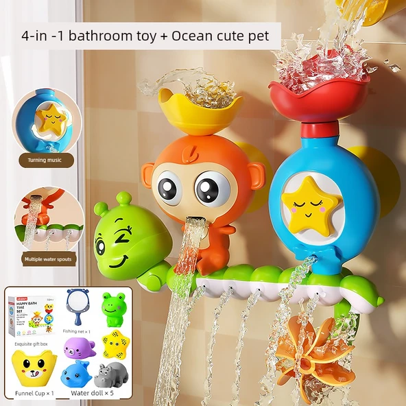 Bebek Banyo Oyuncakları - 4'ü 1 Arada Su Oyuncakları - Su Aygırı Balık Ağı + 5 Deniz Hayvanı