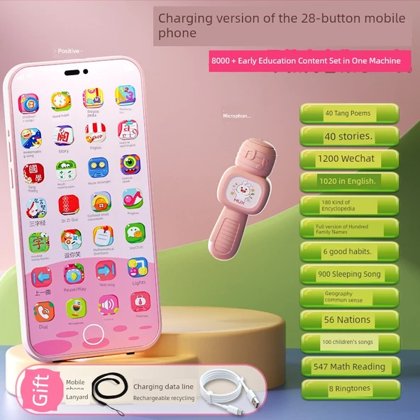 Çocuk Müzikli Telefon Oyuncak - Meng Tavşan Pembe - 14 Tuşlu 8000 Eğitici İçerik Mikrofonlu
