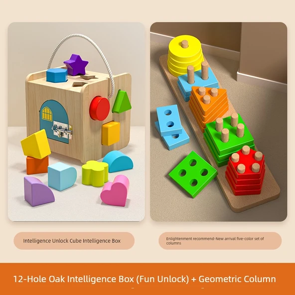 Ahşap Eğitici Oyuncak - 12 Delikli Akıl Küpü ve Geometrik Sütun