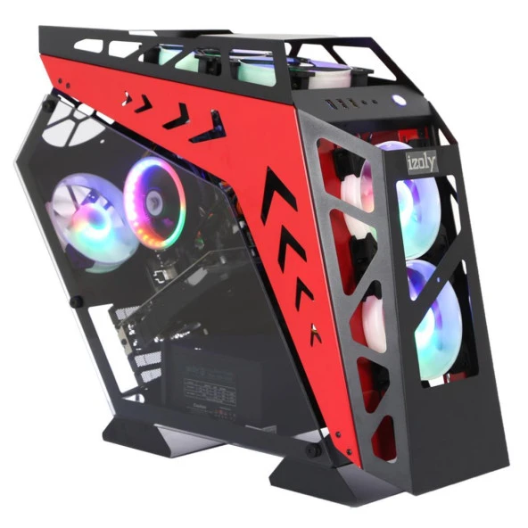 İzoly ARGB Cyberpunk Robotic AX9 Black - Red 5X12CM Full Glass Oyuncu Bilgisayar Kasası