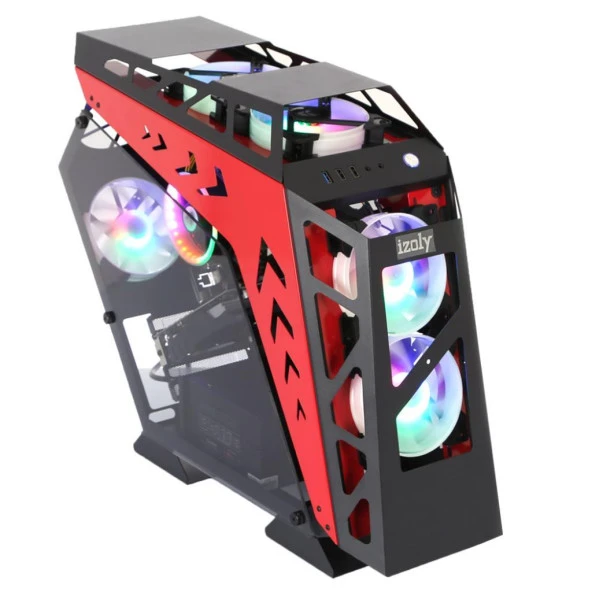 İzoly ARGB Cyberpunk Robotic AX9 Black - Red 5X12CM Full Glass Oyuncu Bilgisayar Kasası - 4