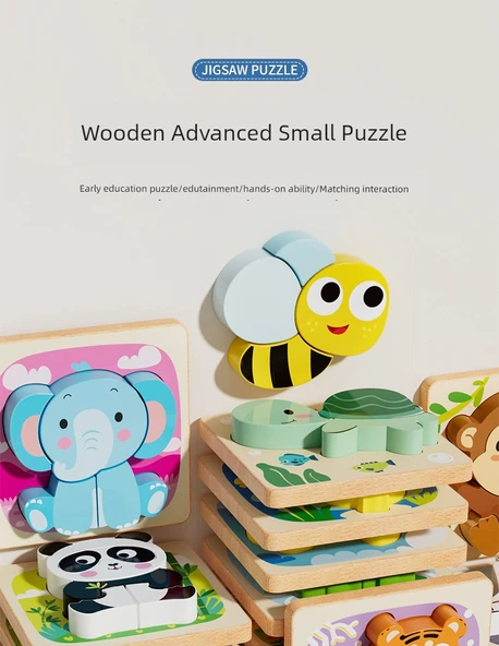 Montessori Ahşap Puzzle - 8 Parça Hayvanlar (Kaplan, Panda, Fil, Tavuk, Kaplumbağa, Arı, İnek, Maymun) - 7